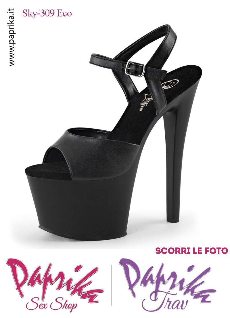 Sandali Sexy Tacco Squadrato Nero EcoPelle Opaca 17.8 Zeppa 7 Cinturino