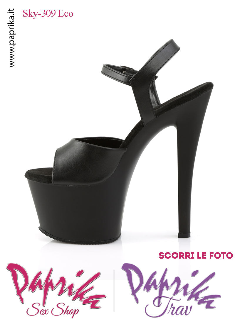 Sandali Sexy Tacco Squadrato Nero EcoPelle Opaca 17.8 Zeppa 7 Cinturino