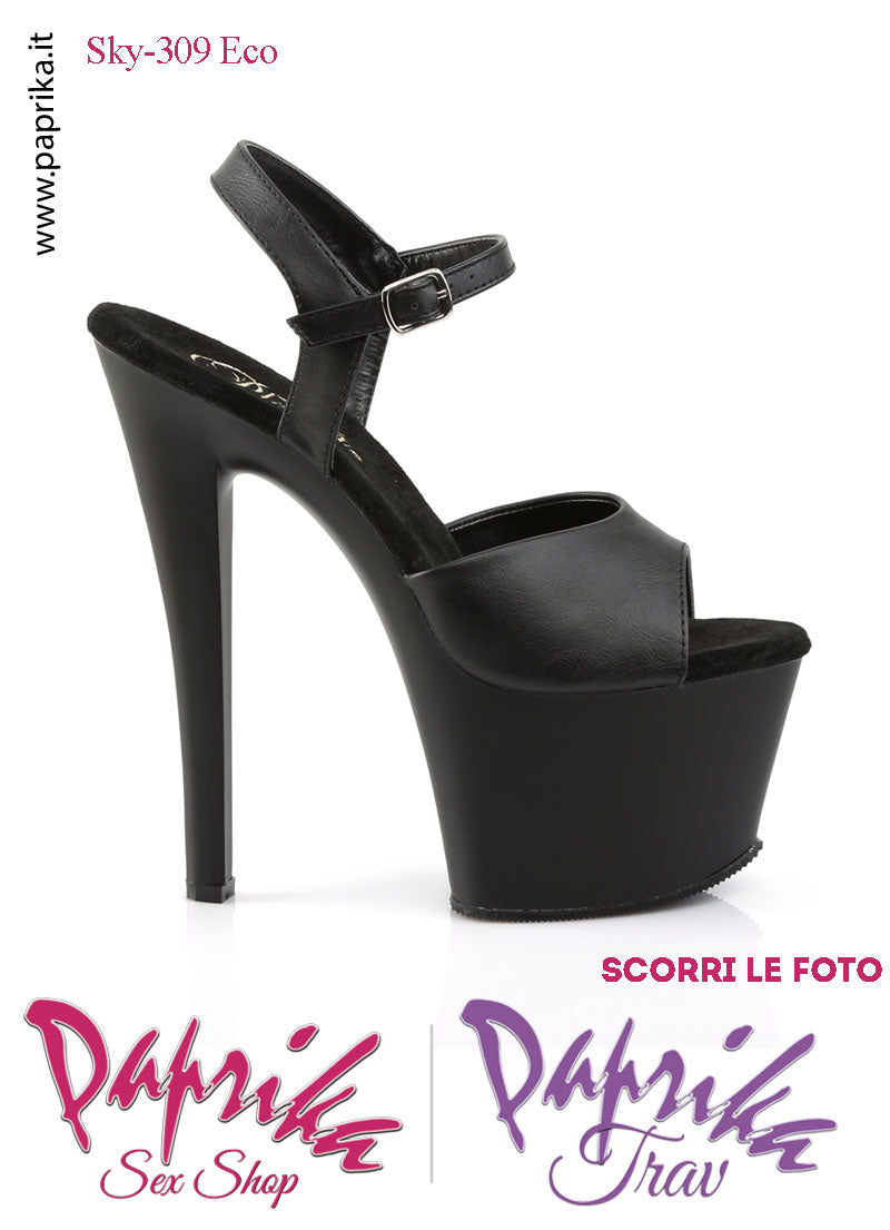 Sandali Sexy Tacco Squadrato Nero EcoPelle Opaca 17.8 Zeppa 7 Cinturino