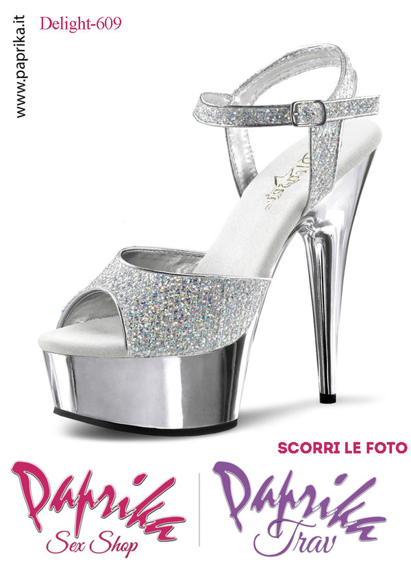 Sandali Cromati Fascetta Glitter Argento Cinturino Tacco Spillo 15.2 Zeppa 4.5