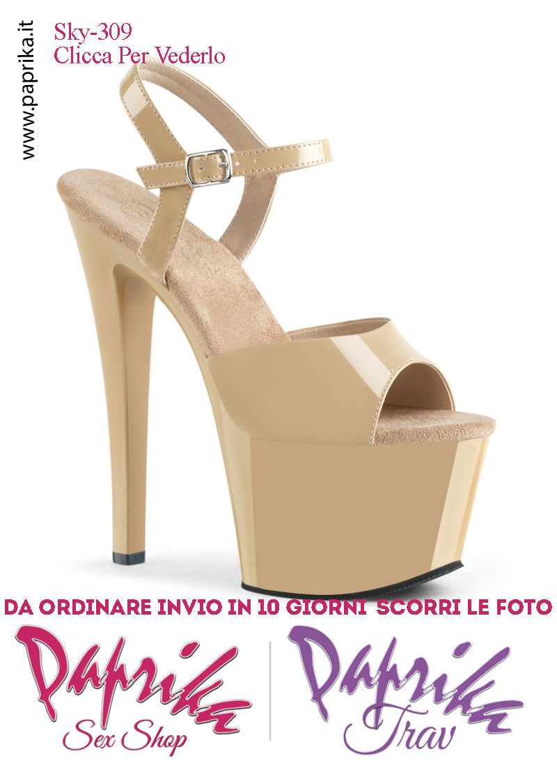 Sandali Sexy Tacco Squadrato Vernice Lucida Beige 17.8 Zeppa 7 Cinturino
