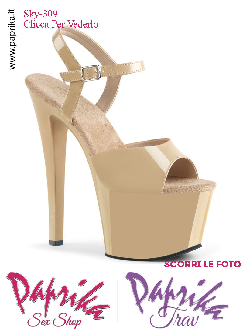 Sandali Sexy Tacco Squadrato Vernice Lucida Beige 17.8 Zeppa 7 Cinturino