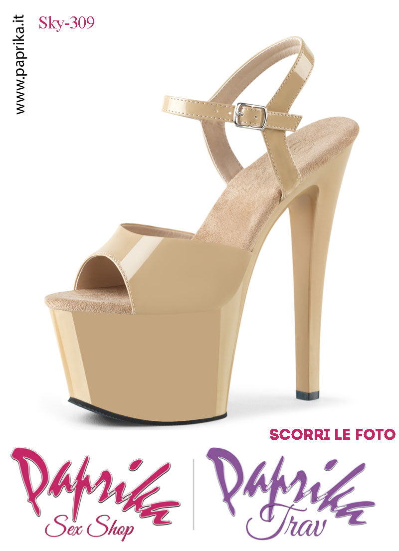 Sandali Sexy Tacco Squadrato Vernice Lucida Beige 17.8 Zeppa 7 Cinturino
