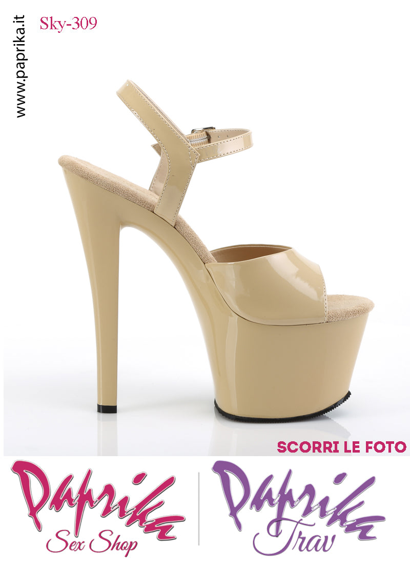 Sandali Sexy Tacco Squadrato Vernice Lucida Beige 17.8 Zeppa 7 Cinturino