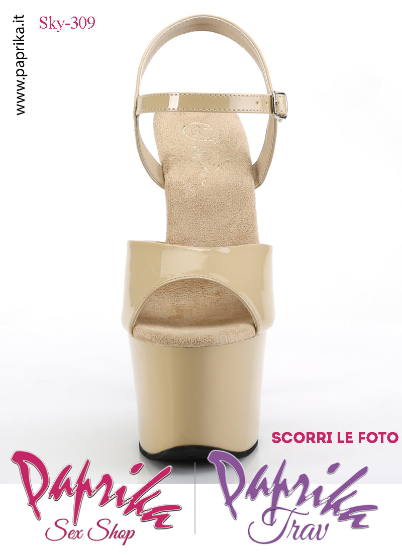 Sandali Sexy Tacco Squadrato Vernice Lucida Beige 17.8 Zeppa 7 Cinturino