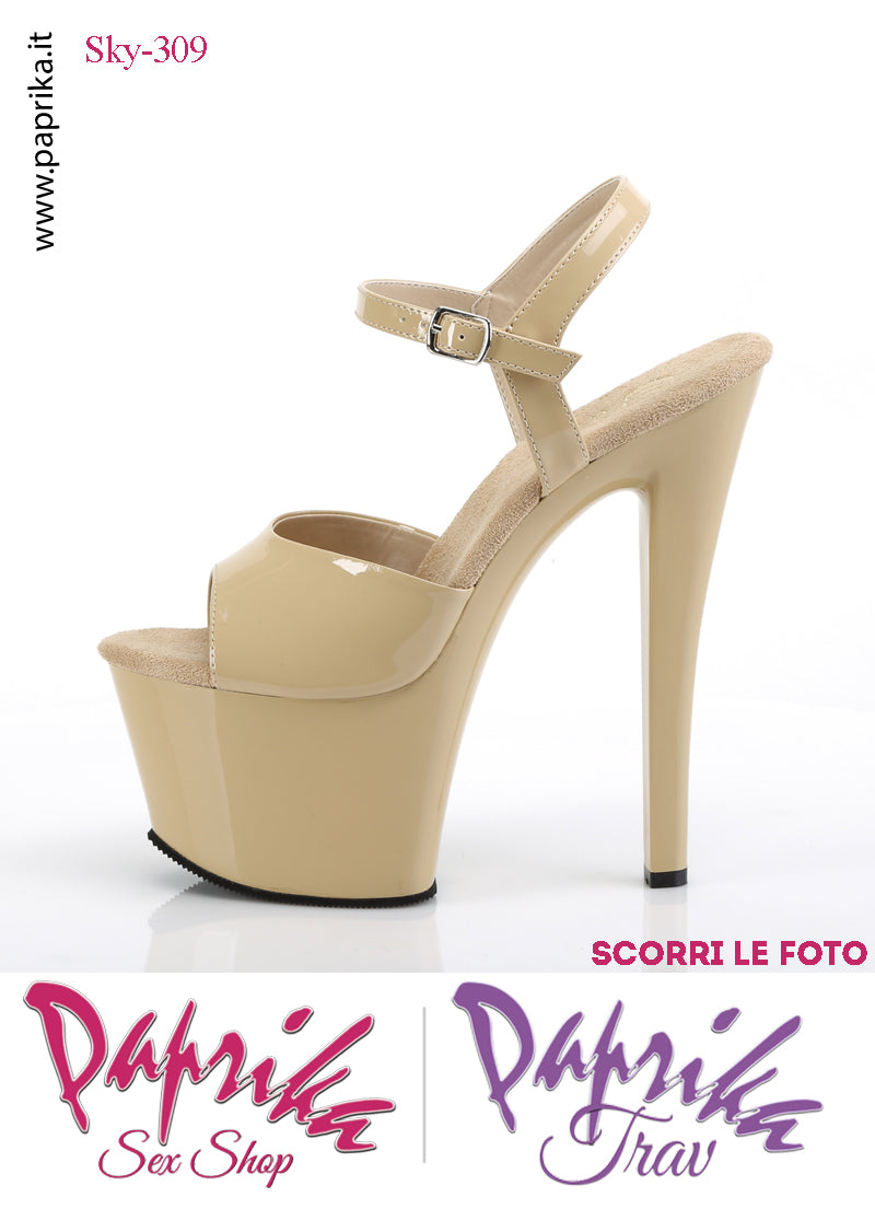 Sandali Sexy Tacco Squadrato Vernice Lucida Beige 17.8 Zeppa 7 Cinturino
