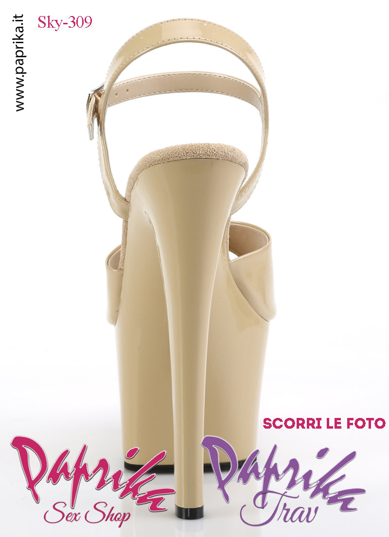 Sandali Sexy Tacco Squadrato Vernice Lucida Beige 17.8 Zeppa 7 Cinturino