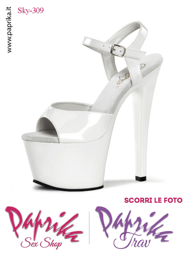 Sandali Sexy Tacco Squadrato Vernice Lucida Bianca 17.8 Zeppa 7 Cinturino