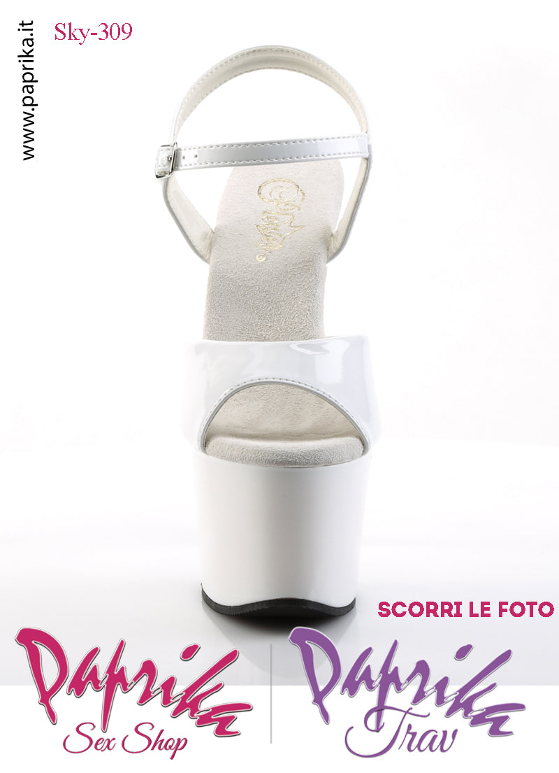 Sandali Sexy Tacco Squadrato Vernice Lucida Bianca 17.8 Zeppa 7 Cinturino