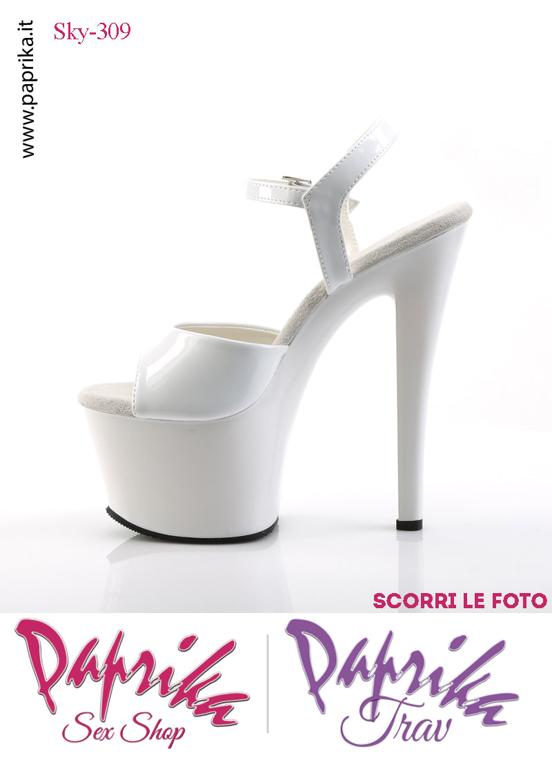 Sandali Sexy Tacco Squadrato Vernice Lucida Bianca 17.8 Zeppa 7 Cinturino