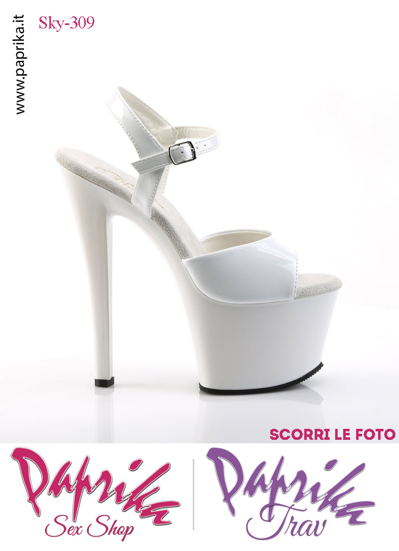 Sandali Sexy Tacco Squadrato Vernice Lucida Bianca 17.8 Zeppa 7 Cinturino