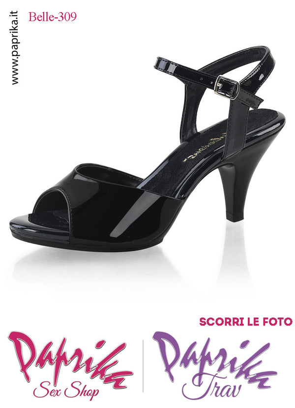 Sandalo Sexy Nero Lucido Fascetta Sagomata Cinturino Tacco 7.6  Senza Zeppa