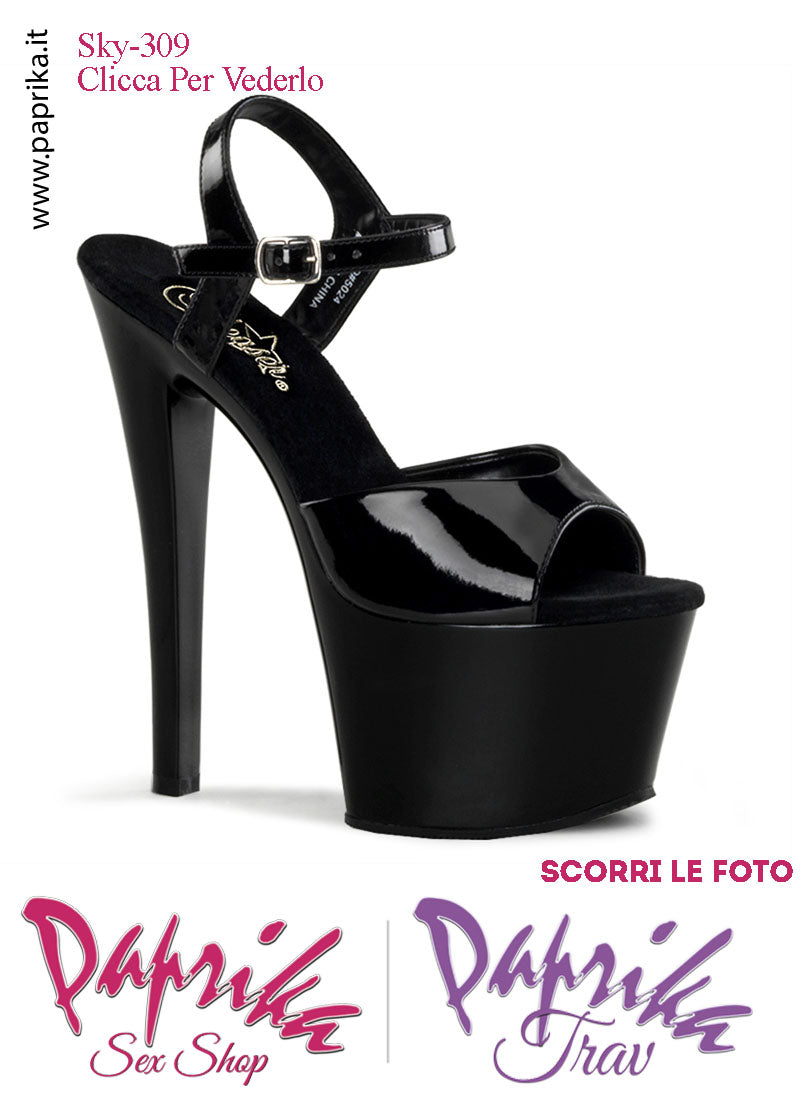 Sandali Sexy Tacco Squadrato Nero Vernice Lucida 17.8 Zeppa 7 Cinturino
