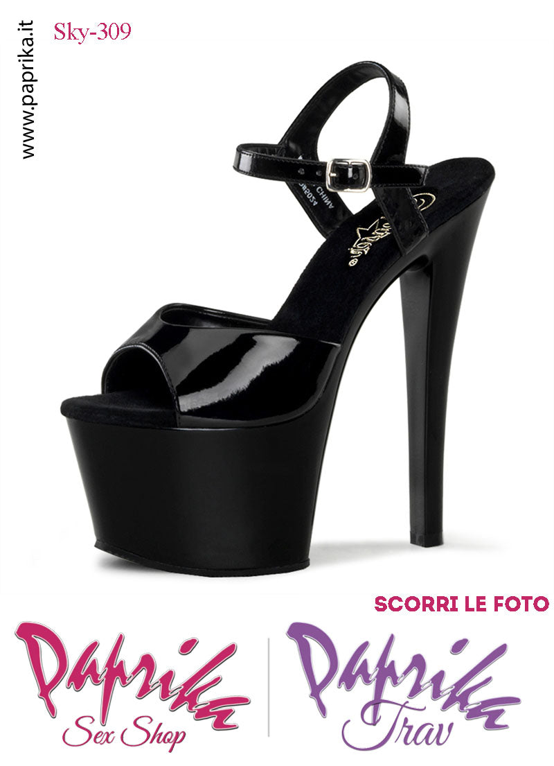 Sandali Sexy Tacco Squadrato Nero Vernice Lucida 17.8 Zeppa 7 Cinturino