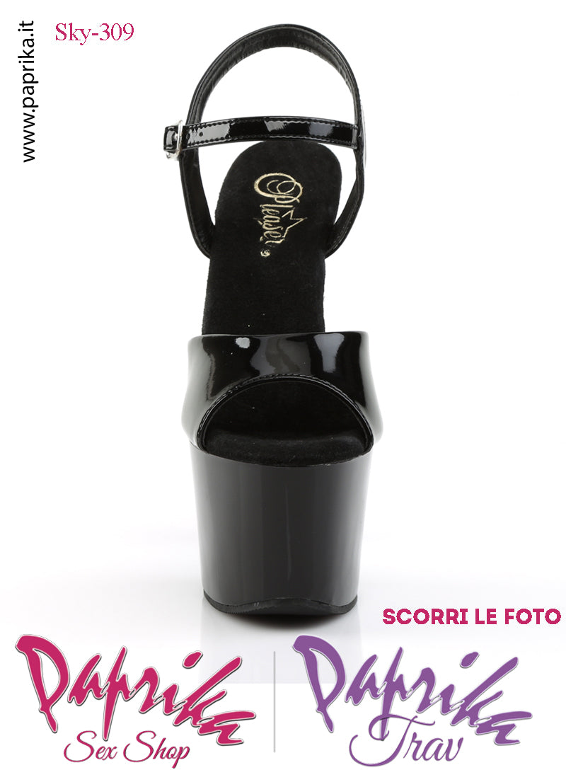Sandali Sexy Tacco Squadrato Nero Vernice Lucida 17.8 Zeppa 7 Cinturino