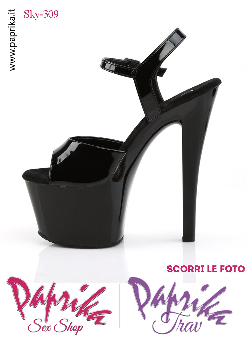 Sandali Sexy Tacco Squadrato Nero Vernice Lucida 17.8 Zeppa 7 Cinturino
