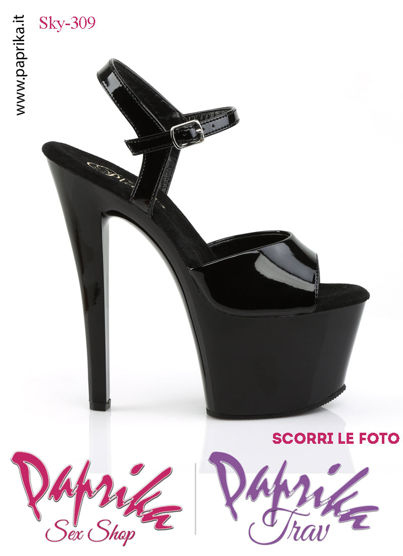 Sandali Sexy Tacco Squadrato Nero Vernice Lucida 17.8 Zeppa 7 Cinturino