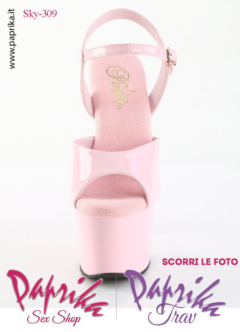 Sandali Sexy Tacco Squadrato Vernice Lucida Rosa 17.8 Zeppa 7 Cinturino