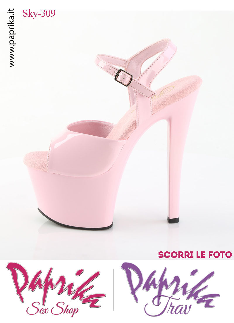 Sandali Sexy Tacco Squadrato Vernice Lucida Rosa 17.8 Zeppa 7 Cinturino