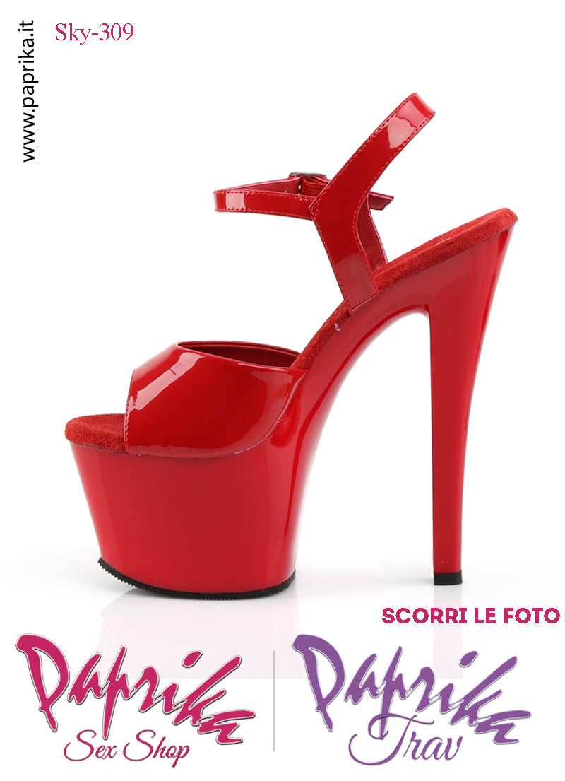 Sandali Sexy Tacco Squadrato Vernice Rossa Lucida 17.8 Zeppa 7 Cinturino