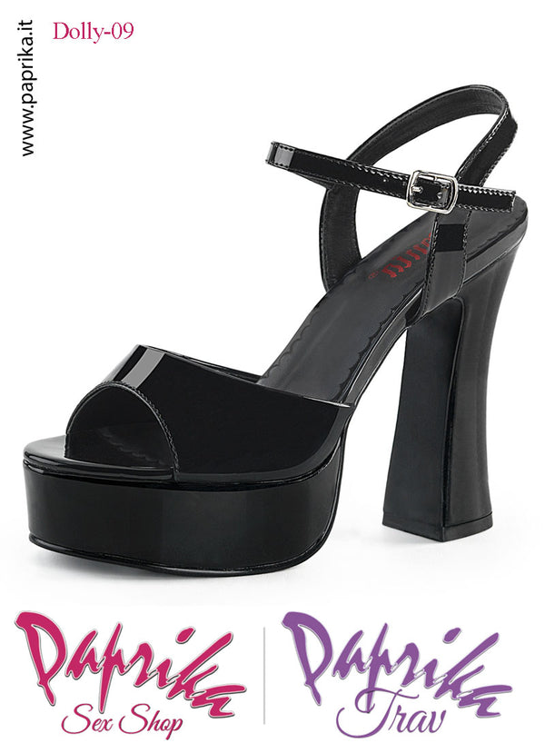 Sandalo Vernice Lucida Nera Tacco Largo 12.7 Zeppa 3.8 Cinturino