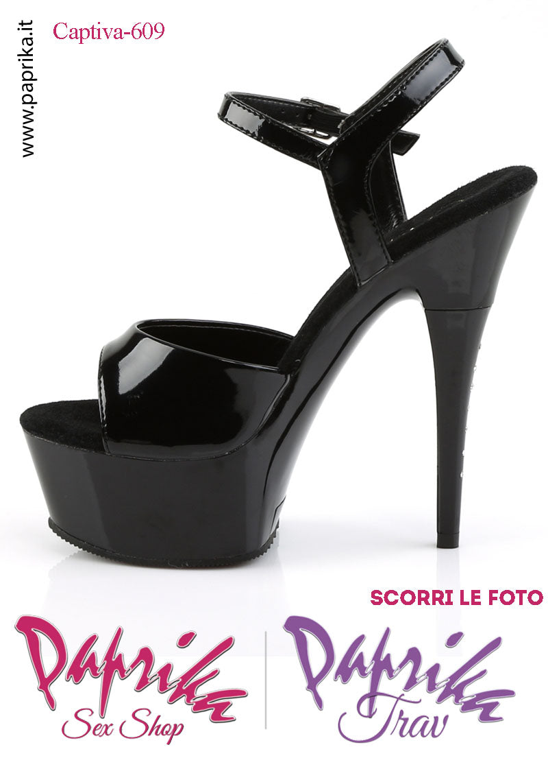 Sandali Sexy Vernice Lucida Nera Tacco Nero Strass 15.2 Zeppa 4.5 Cinturino