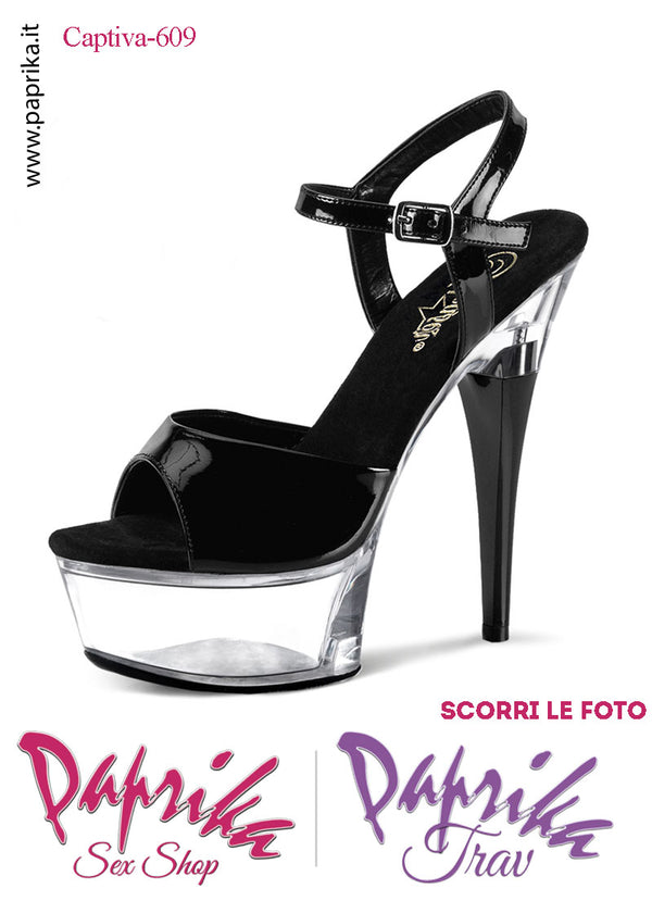 Sandali Sexy Vernice Nera Lucida Tacco Trasparente Strass 15.2 Zeppa 4.5 Cinturino