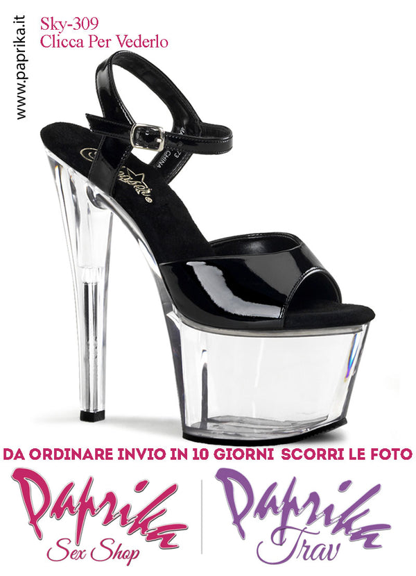 Sandali Sexy Tacco Squadrato Trasparente Vernice Nera 17.8 Zeppa 7 Cinturino