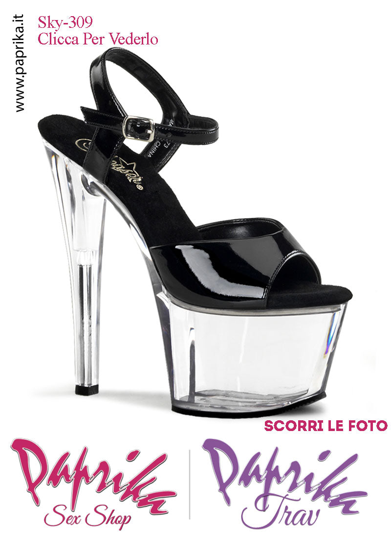 Sandali Sexy Tacco Squadrato Trasparente Vernice Nera 17.8 Zeppa 7 Cinturino