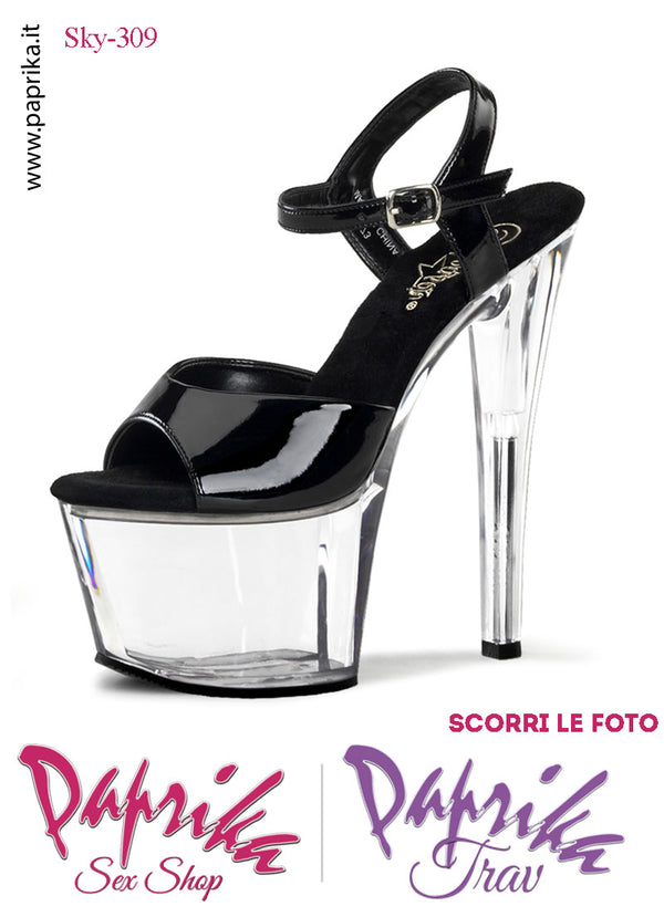 Sandali Sexy Tacco Squadrato Trasparente Vernice Nera 17.8 Zeppa 7 Cinturino