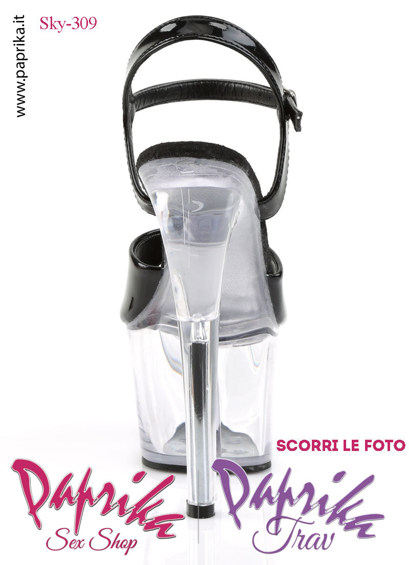 Sandali Sexy Tacco Squadrato Trasparente Vernice Nera 17.8 Zeppa 7 Cinturino