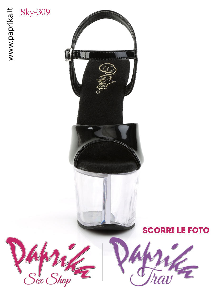 Sandali Sexy Tacco Squadrato Trasparente Vernice Nera 17.8 Zeppa 7 Cinturino