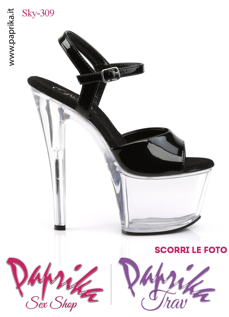 Sandali Sexy Tacco Squadrato Trasparente Vernice Nera 17.8 Zeppa 7 Cinturino