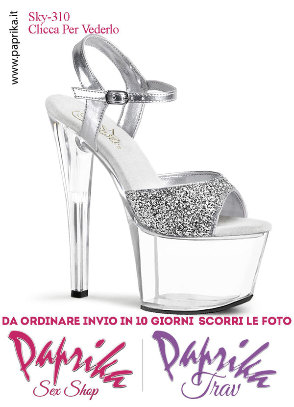 Sandali Sexy Tacco Squadrato Trasparente Glitter 17.8 Zeppa 7 Cinturino