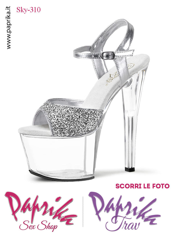 Sandali Sexy Tacco Squadrato Trasparente Glitter 17.8 Zeppa 7 Cinturino