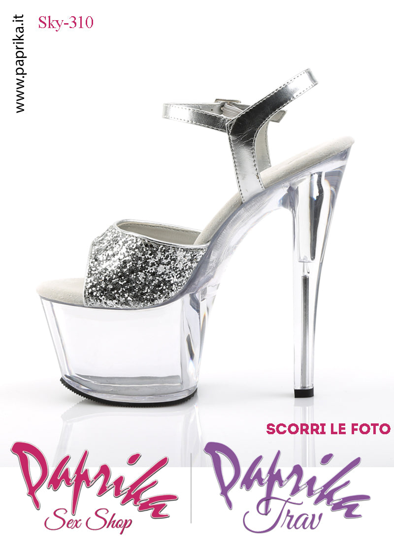 Sandali Sexy Tacco Squadrato Trasparente Glitter 17.8 Zeppa 7 Cinturino