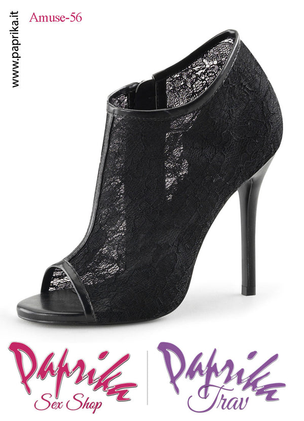 Scarpa Sexy Pizzo Nero Tacco 12.7 Senza Zeppa Cerniera Interna