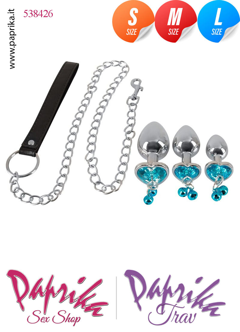 Kit 3 Plug Anali Alluminio Rosebud Cuore Acqua Marina & Guinzaglio Catenella Lunga