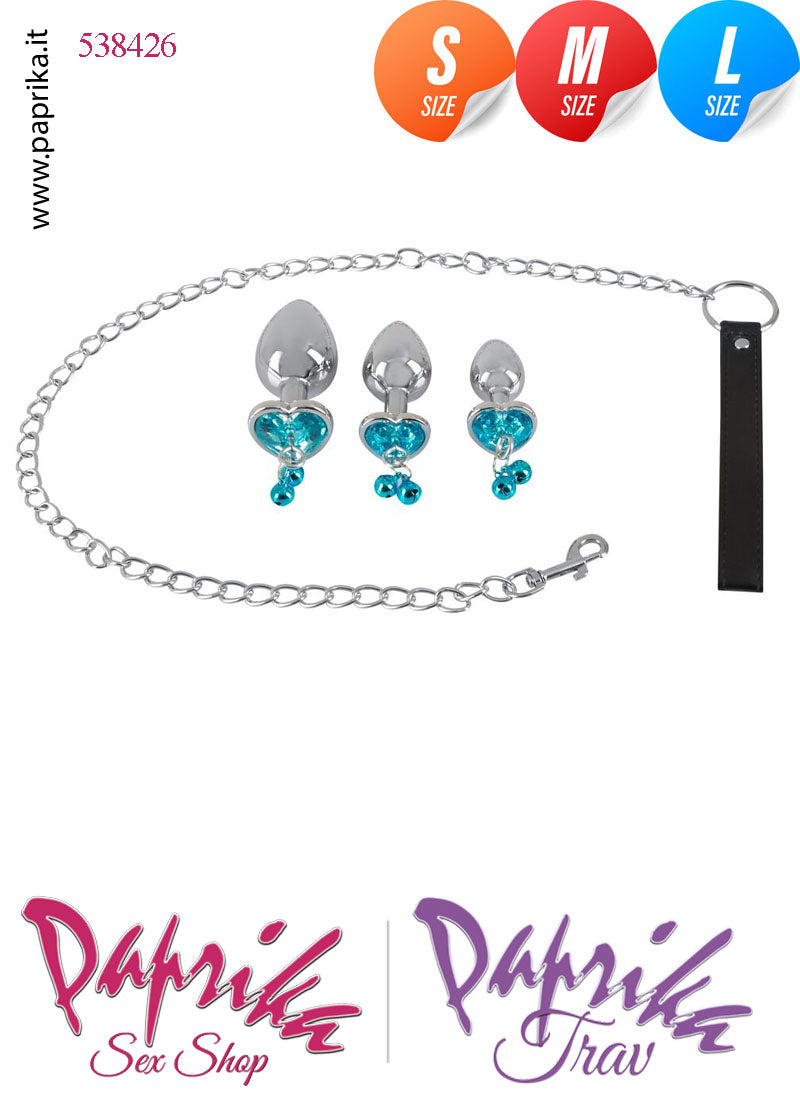 Kit 3 Plug Anali Alluminio Rosebud Cuore Acqua Marina & Guinzaglio Catenella Lunga