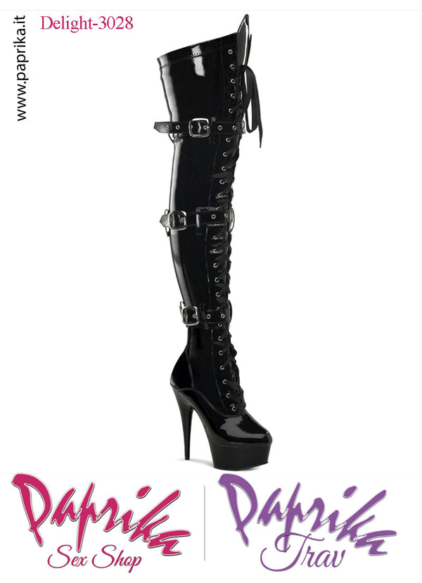 Stivali Alti Vernice Lucida Tacco 15.2 Zeppa 4.5 Allacciati Davanti 3 Fibbie