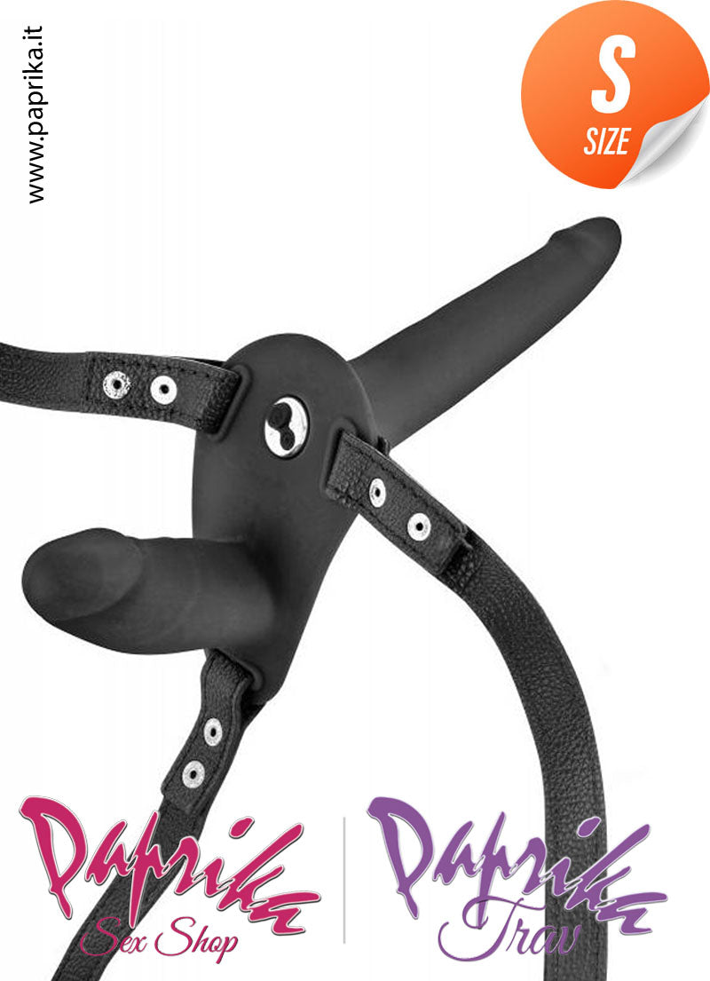 Strap-On Doppio Silicone Sottile Vibrante Cinghie Ecopelle Regolabili