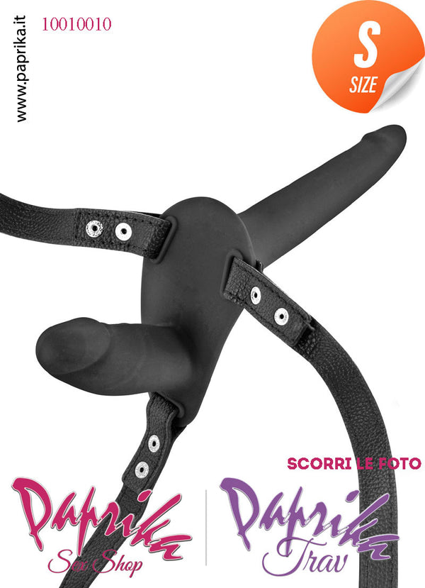 Strap-On Silicone Doppio Sottile Nero Non Vibrante Cinghie Ecopelle Regolabili