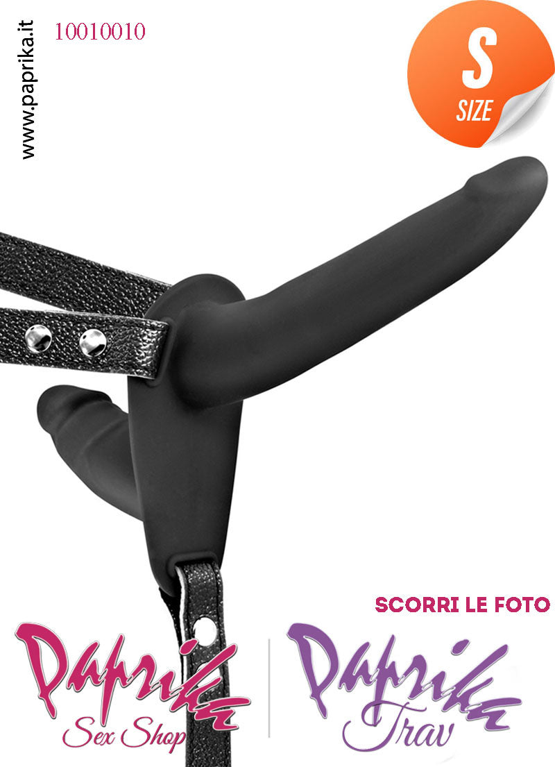 Strap-On Silicone Doppio Sottile Nero Non Vibrante Cinghie Ecopelle Regolabili