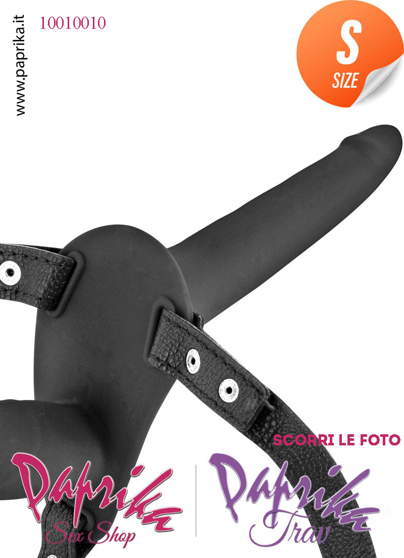 Strap-On Silicone Doppio Sottile Nero Non Vibrante Cinghie Ecopelle Regolabili