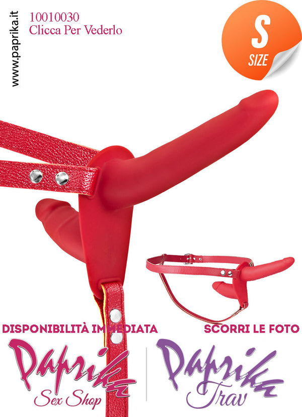 Strap-On Doppio Silicone Rosso Sottile Non Vibrante Cinghie Ecopelle Regolabili