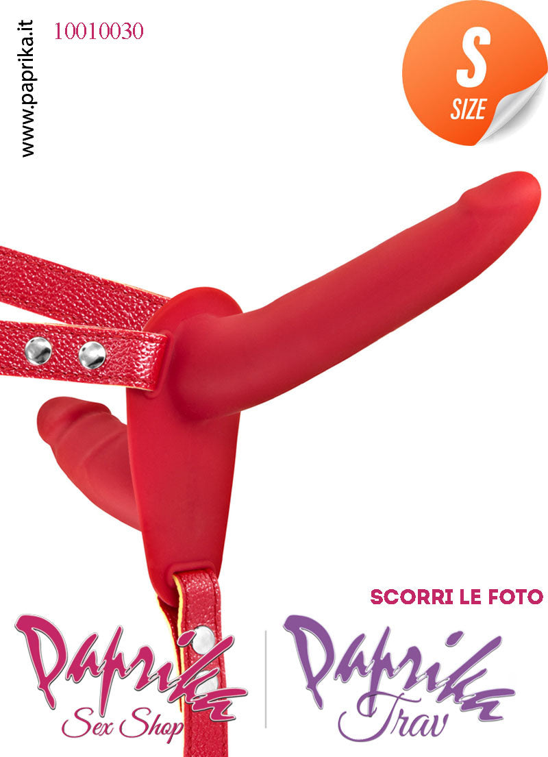 Strap-On Doppio Silicone Rosso Sottile Non Vibrante Cinghie Ecopelle Regolabili