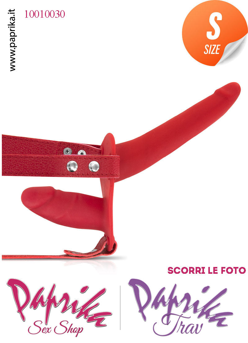 Strap-On Doppio Silicone Rosso Sottile Non Vibrante Cinghie Ecopelle Regolabili