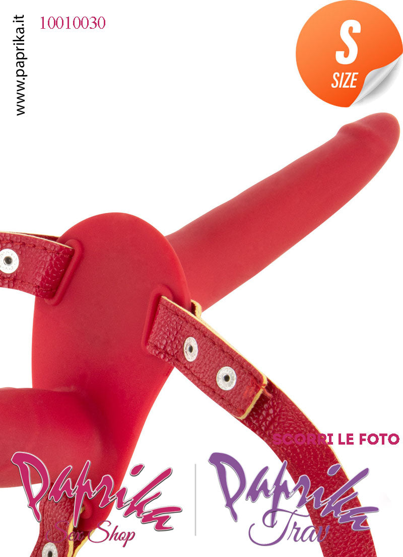 Strap-On Doppio Silicone Rosso Sottile Non Vibrante Cinghie Ecopelle Regolabili