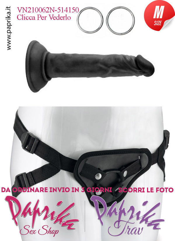 Strap-On Fallo Medium Nero Non Vibrante 16.5 cm Ø 35 Mutanda 2 Anelli Acciaio + 2 Gomma