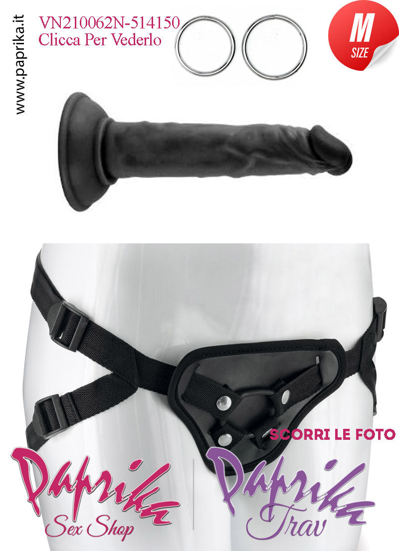 Strap-On Fallo Medium Nero Non Vibrante 16.5 cm Ø 35 Mutanda 2 Anelli Acciaio + 2 Gomma